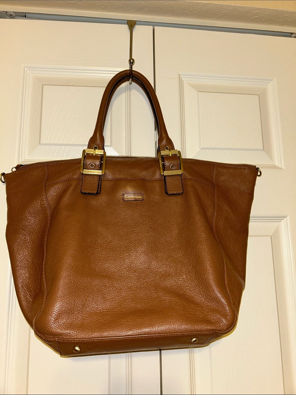 Calvin Klein Cognac Brown Pebbled Leather Tote w/Gold Hardware & crossbody strap